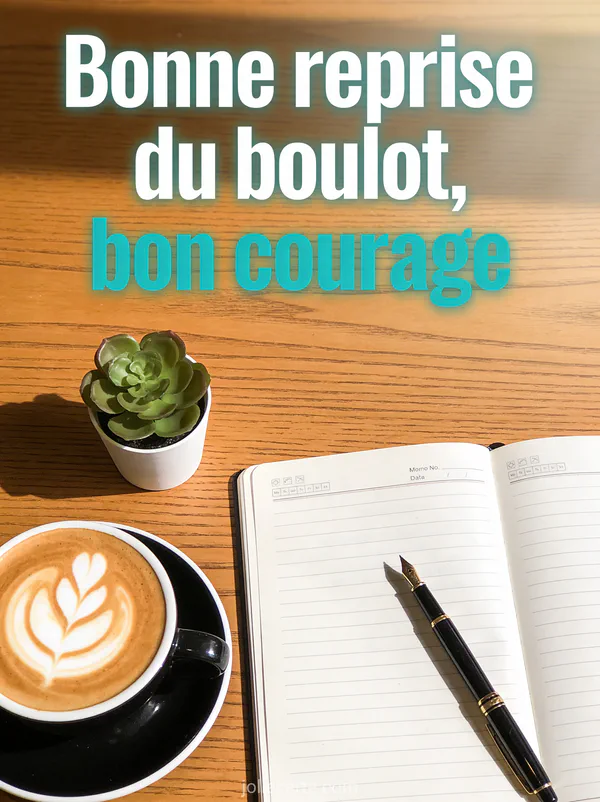 Tasse de cappuccino avec art latte en forme de feuille sur bureau en bois avec agenda ouvert, stylo plume et plante grasse avec texte Bonne reprise du boulot