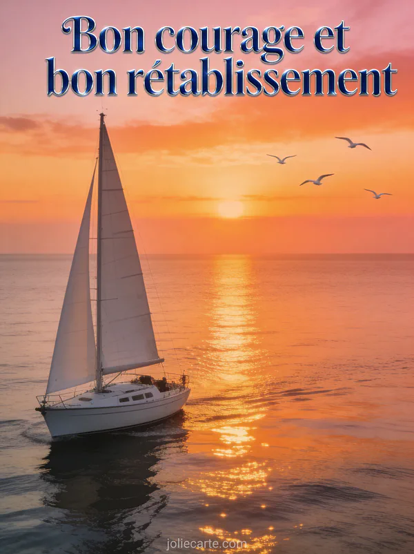 Voilier blanc sur mer calme au coucher du soleil avec ciel orangé et mouettes et le texte Bon courage et bon rétablissement