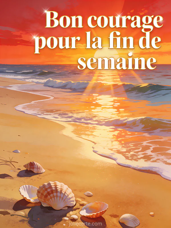 Coucher de soleil sur une plage déserte avec vagues douces, sable doré et coquillages sous un ciel rouge et orange avec texte Bon courage pour la fin de semaine