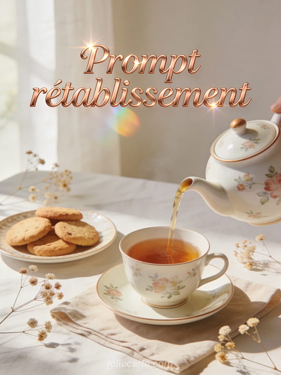Théière en porcelaine fleurie versant du thé avec biscuits et fleurs séchées sur nappe en lin et le texte Prompt rétablissement