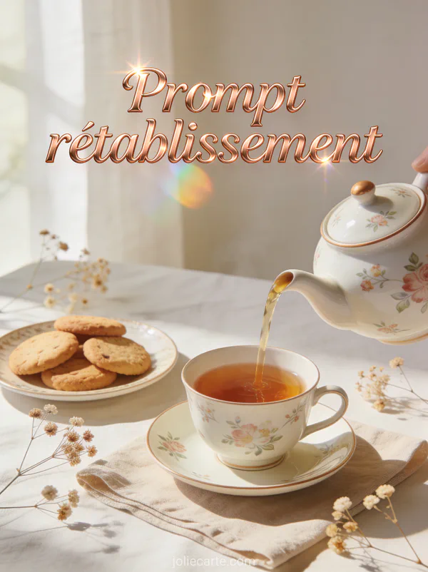 Théière en porcelaine fleurie versant du thé avec biscuits et fleurs séchées sur nappe en lin et le texte Prompt rétablissement