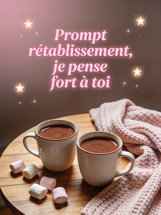 Deux tasses de chocolat chaud avec guimauves sur table en bois avec écharpe tricotée et étoiles lumineuses et le texte Prompt rétablissement je pense fort à toi