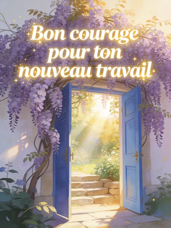 Porte bleue entrouverte sur un jardin luxuriant et ensoleillé avec glycine violette autour de l'encadrement et marches en pierre avec texte Bon courage pour ton nouveau travail