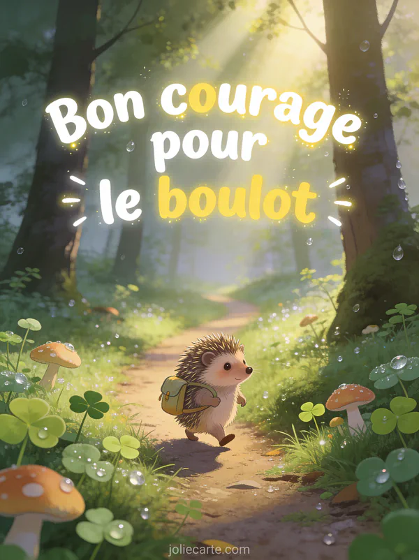 Petit hérisson avec un minuscule sac à dos marchant sur un sentier forestier au matin avec champignons et trèfles et rayons de soleil avec texte Bon courage pour le boulot