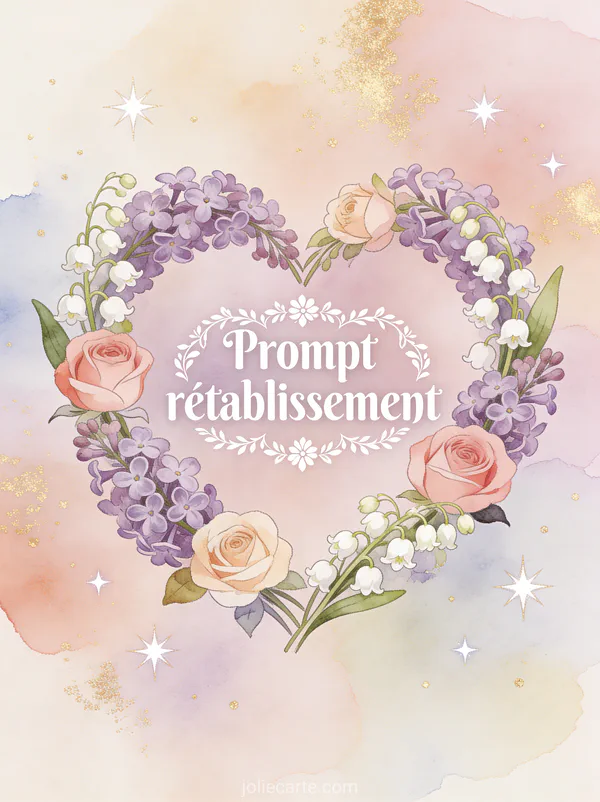 Couronne de fleurs en coeur avec roses lilas et muguet sur fond aquarelle pastel et le texte Prompt rétablissement