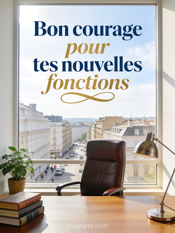 Bureau de direction avec fauteuil en cuir, grande fenêtre sur panorama de ville ensoleillé, plante verte et lampe design avec texte Bon courage pour tes nouvelles fonctions
