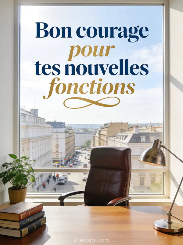 Bureau de direction avec fauteuil en cuir, grande fenêtre sur panorama de ville ensoleillé, plante verte et lampe design avec texte Bon courage pour tes nouvelles fonctions