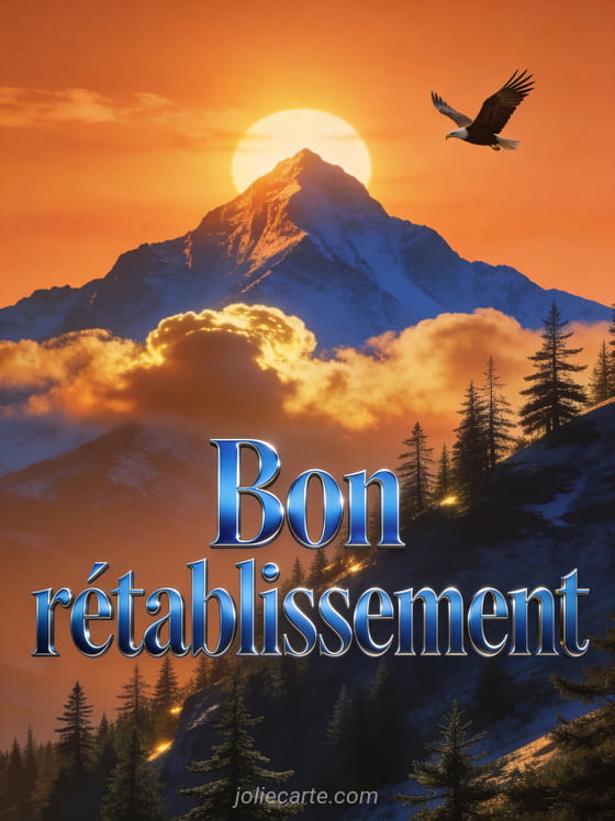 Sommet de montagne au lever du soleil avec nuages dorés forêt de conifères et aigle planant et le texte Bon rétablissement