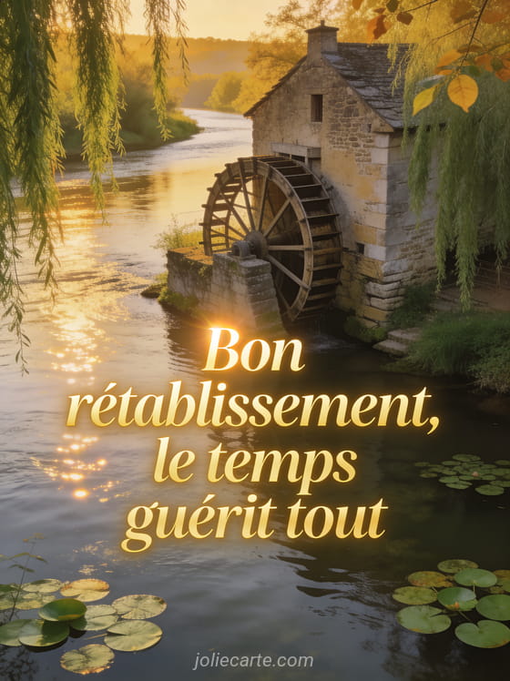 Vieux moulin à eau en pierre au bord d'une rivière avec saules pleureurs et nénuphars et le texte Bon rétablissement le temps guérit tout