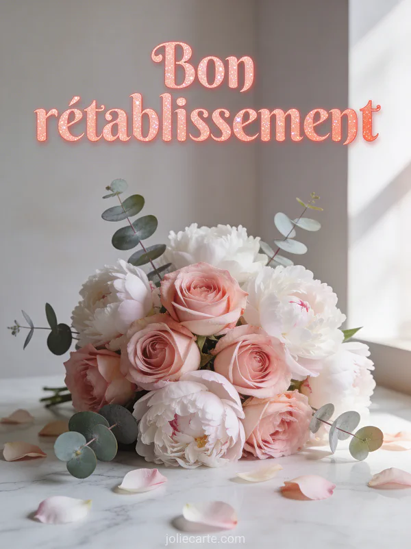 Roses anglaises roses et pivoines blanches avec eucalyptus sur marbre clair avec pétales éparpillés et le texte Bon rétablissement