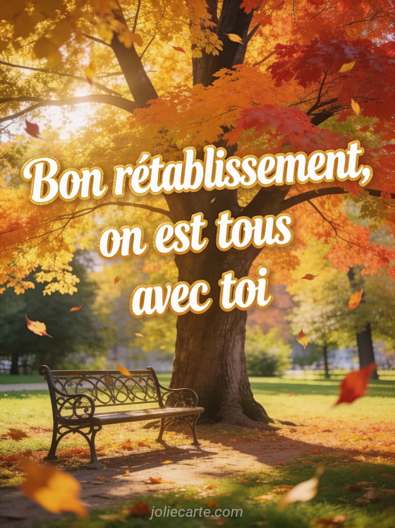 Grand arbre aux feuilles multicolores d'automne dans un parc avec banc en fer forgé et feuilles virevoltant et le texte Bon rétablissement on est tous avec toi