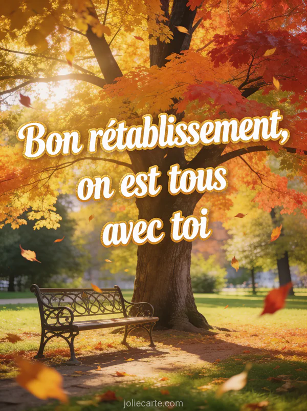 Grand arbre aux feuilles multicolores d'automne dans un parc avec banc en fer forgé et feuilles virevoltant et le texte Bon rétablissement on est tous avec toi