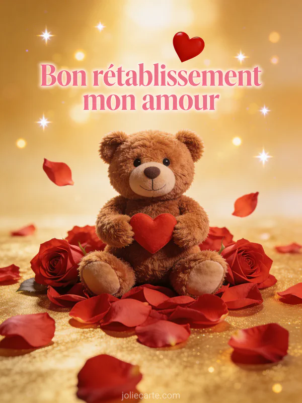 Ours en peluche tenant un petit coeur rouge entouré de pétales de roses rouges avec lumière dorée et le texte Bon rétablissement mon amour