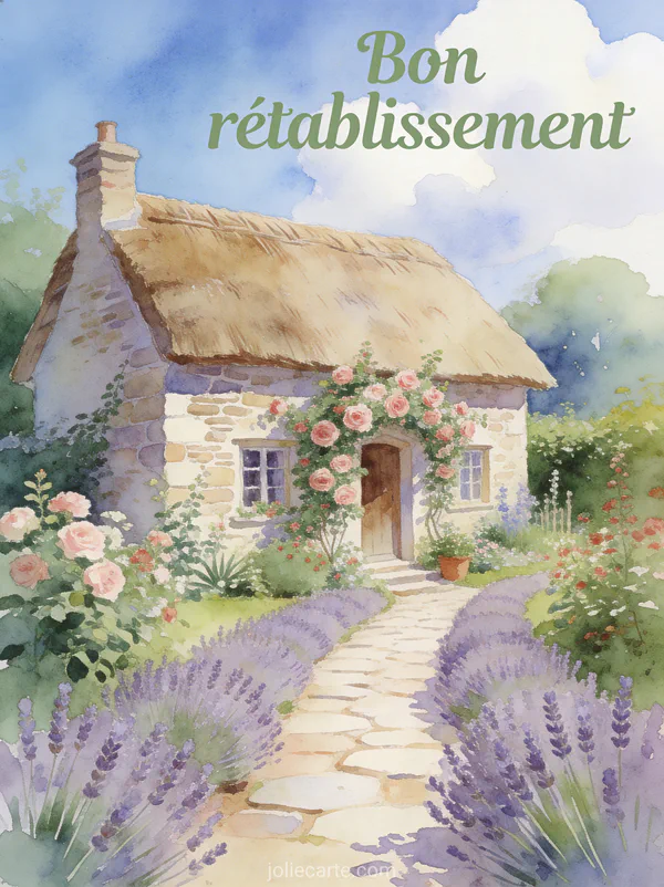 Petit cottage en pierre avec toit de chaume entouré d'un jardin fleuri anglais avec roses grimpantes et lavande et le texte Bon rétablissement
