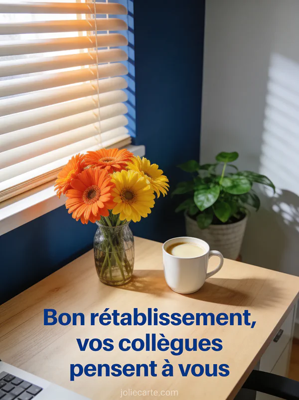 Vase de gerberas oranges et jaunes sur bureau en bois avec tasse de café et lumière du matin et le texte Bon rétablissement vos collègues pensent à vous