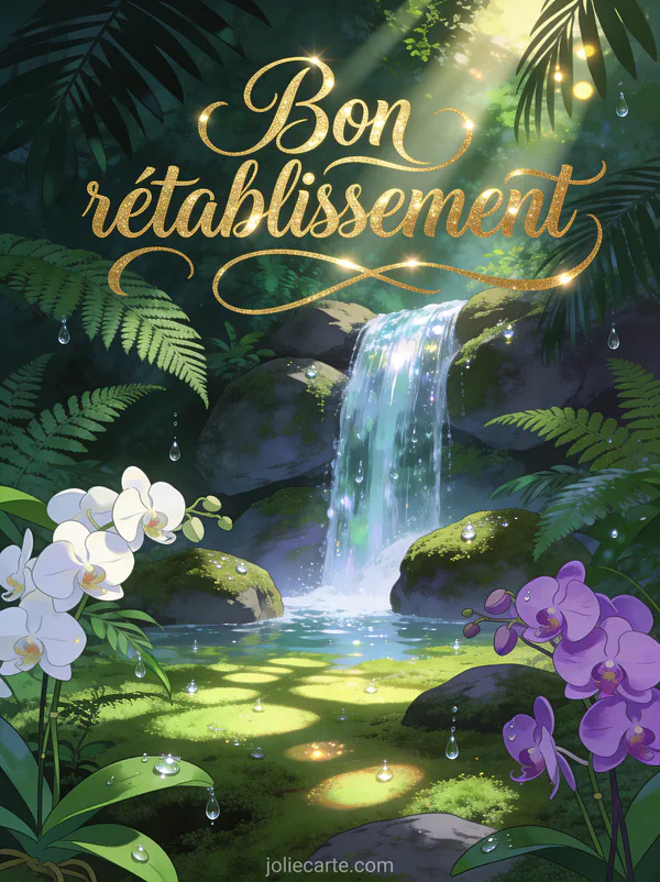 Cascade cristalline dans une forêt tropicale avec fougères orchidées sauvages et rayons de soleil et le texte Bon rétablissement