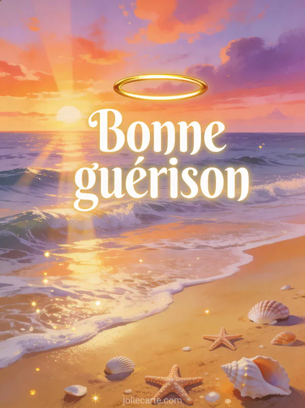 Lever de soleil spectaculaire au-dessus de la mer avec ciel orangé et vagues douces sur plage de sable doré et le texte Bonne guérison