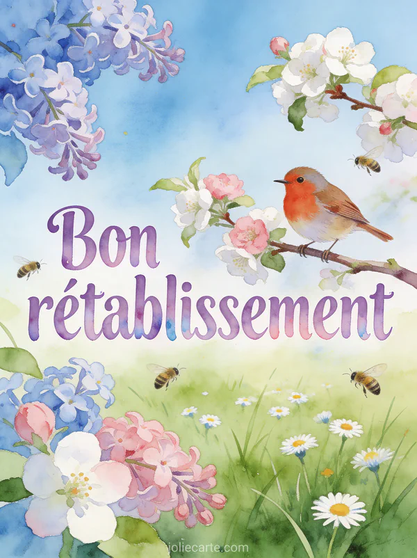 Rouge-gorge perché sur une branche de pommier en fleurs avec abeilles pâquerettes et ciel bleu et le texte Bon rétablissement