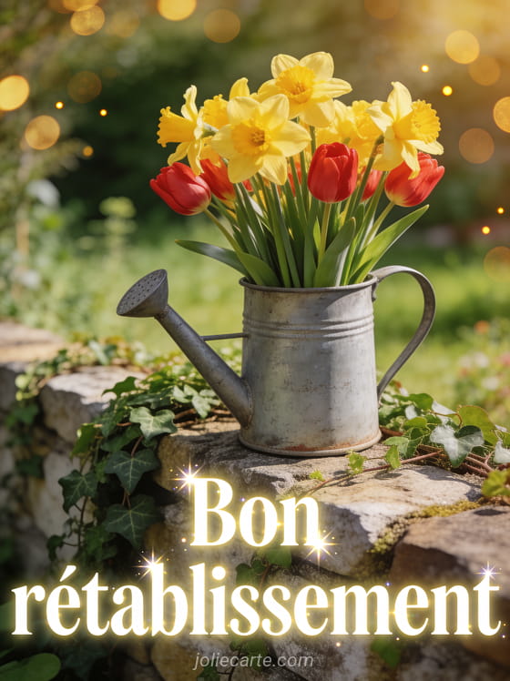 Bouquet de jonquilles jaunes et tulipes rouges dans un arrosoir en zinc vintage sur muret de jardin avec lierre et le texte Bon rétablissement