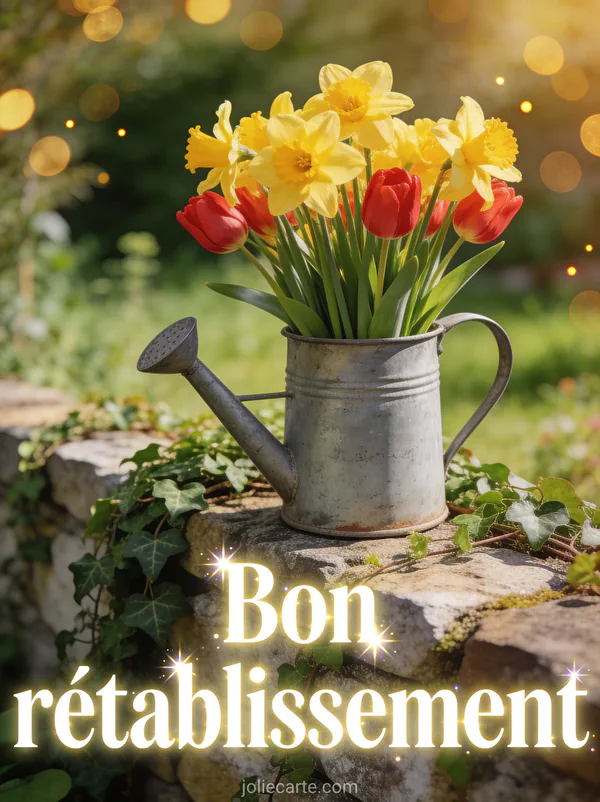 Bouquet de jonquilles jaunes et tulipes rouges dans un arrosoir en zinc vintage sur muret de jardin avec lierre et le texte Bon rétablissement