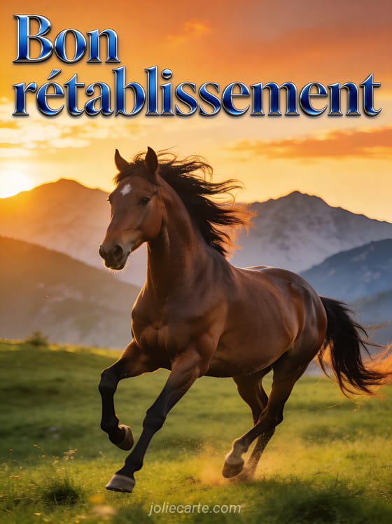 Cheval brun majestueux galopant dans une prairie verte au coucher du soleil avec montagnes en arrière-plan et le texte Bon rétablissement