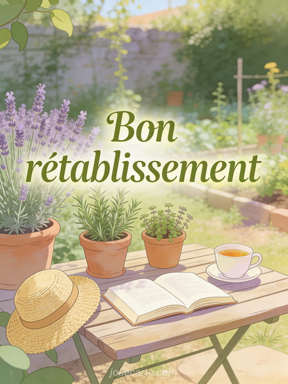 Jardin potager ensoleillé avec herbes aromatiques en pots table de jardin avec livre et tisane et le texte Bon rétablissement