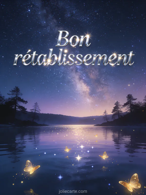 Ciel étoilé avec voie lactée au-dessus d'un lac calme lucioles dorées et reflets des étoiles dans l'eau et le texte Bon rétablissement