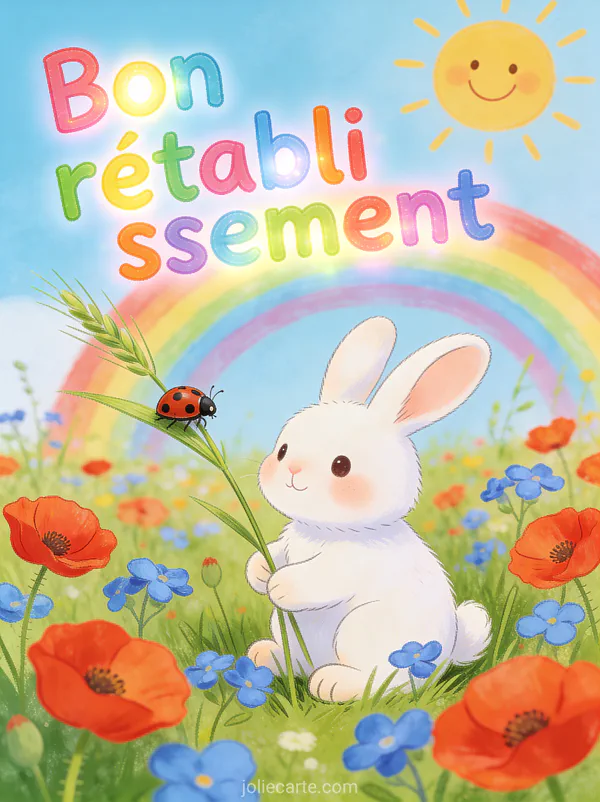 Petit lapin blanc dans un pré fleuri de coquelicots et bleuets avec coccinelle arc-en-ciel et soleil et le texte Bon rétablissement