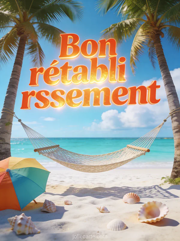 Hamac entre deux palmiers sur plage de sable blanc avec mer turquoise parasol coloré et coquillages et le texte Bon rétablissement