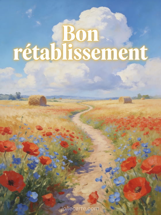 Champ de coquelicots rouges et bleuets avec chemin de terre meules de foin et ciel bleu d'été et le texte Bon rétablissement