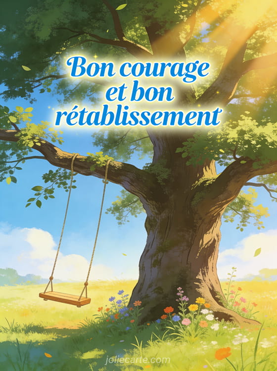 Grand chêne centenaire dans une prairie ensoleillée avec balançoire en bois fleurs sauvages et rayons de soleil et le texte Bon courage et bon rétablissement