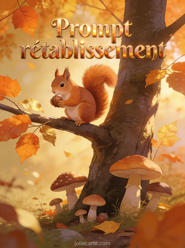 Écureuil roux sur une branche tenant une noisette avec feuilles d'automne oranges et champignons et le texte Prompt rétablissement