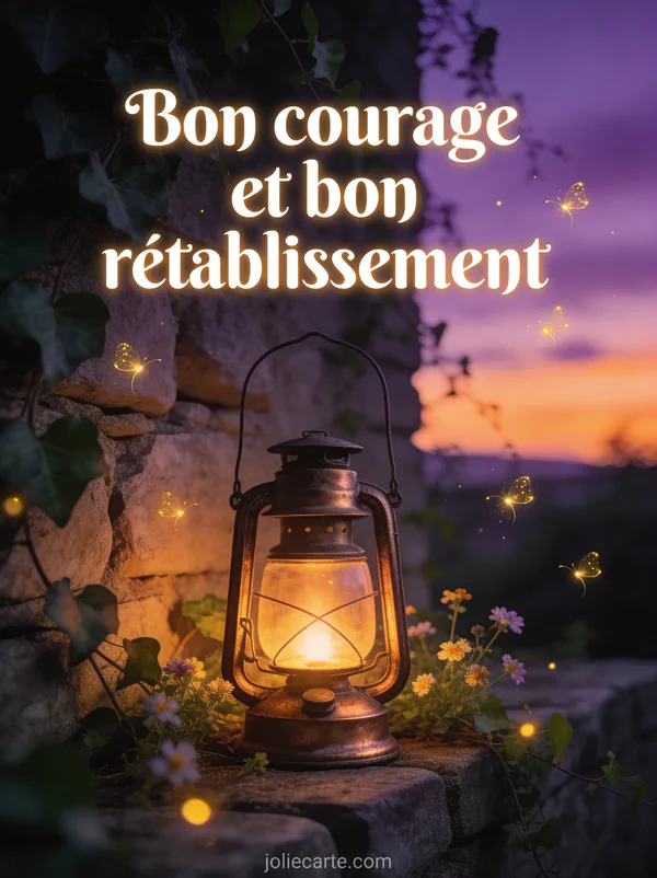 Lanterne ancienne en cuivre allumée sur muret de pierre au crépuscule avec lierre lucioles dorées et ciel violet et le texte Bon courage et bon rétablissement