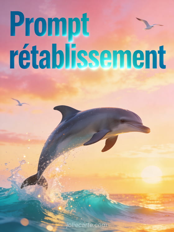 Dauphin sautant au-dessus de vagues turquoise au coucher du soleil avec éclaboussures et ciel rose doré et le texte Prompt rétablissement