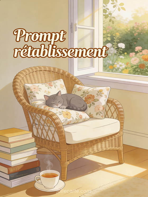 Fauteuil en rotin avec coussins fleuris près d'une fenêtre sur jardin avec livres tasse de thé et chat gris endormi et le texte Prompt rétablissement