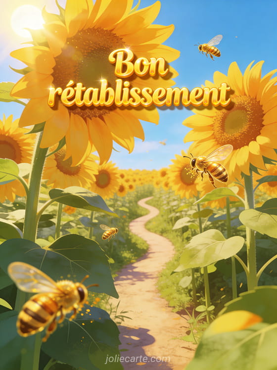 Champ de tournesols géants face au soleil avec abeilles ciel bleu azur et petit chemin sinueux et le texte Bon rétablissement