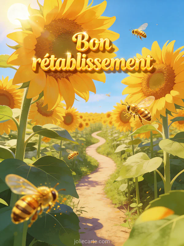 Champ de tournesols géants face au soleil avec abeilles ciel bleu azur et petit chemin sinueux et le texte Bon rétablissement