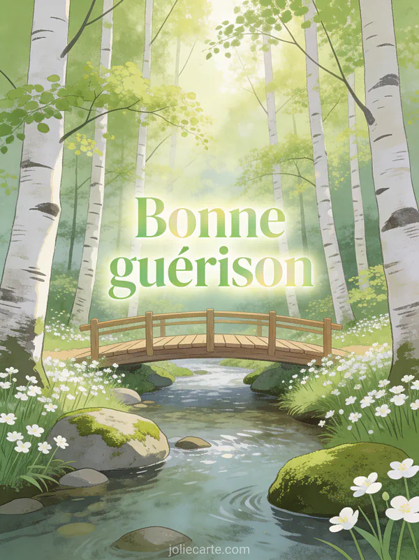 Petit pont en bois au-dessus d'un ruisseau dans une forêt de bouleaux avec fleurs blanches et lumière printanière et le texte Bonne guérison