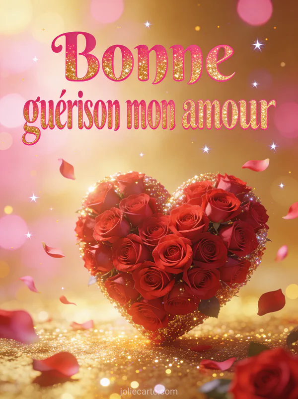 Grand coeur de roses rouges fraîches sur fond doré avec étoiles scintillantes et pétales tombant et le texte Bonne guérison mon amour