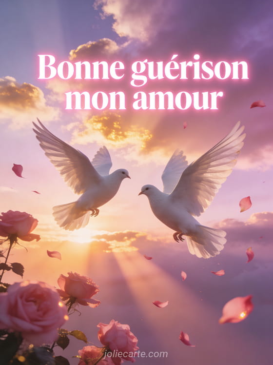 Deux colombes blanches volant dans un ciel de coucher de soleil rose et violet avec nuages dorés et pétales et le texte Bonne guérison mon amour
