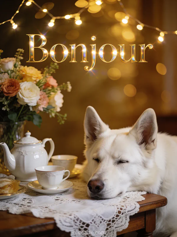 Berger blanc suisse couché près d'une table avec théière en porcelaine et bouquet de fleurs avec le texte Bonjour en lettres dorées