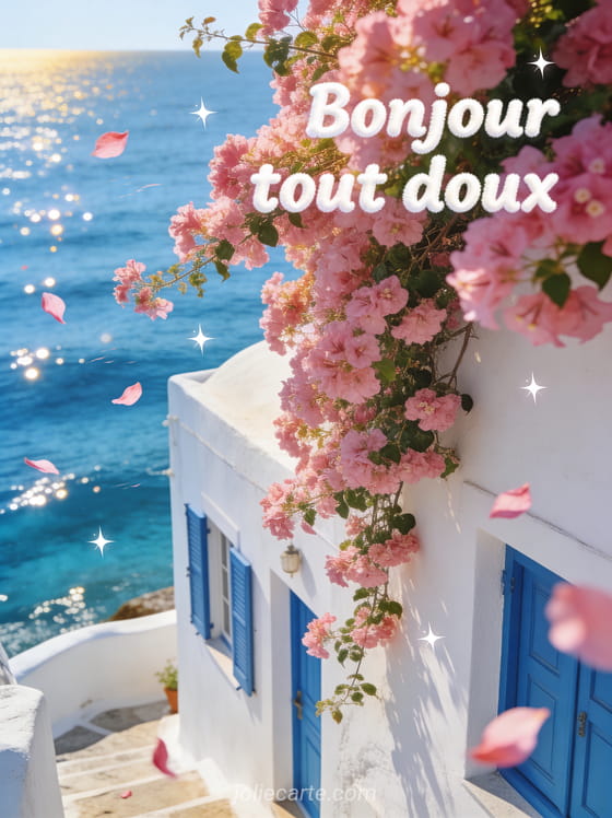 Île grecque aux murs blancs immaculés avec volets bleus, bougainvilliers roses en cascade et mer cobalt scintillante avec le texte Bonjour tout doux