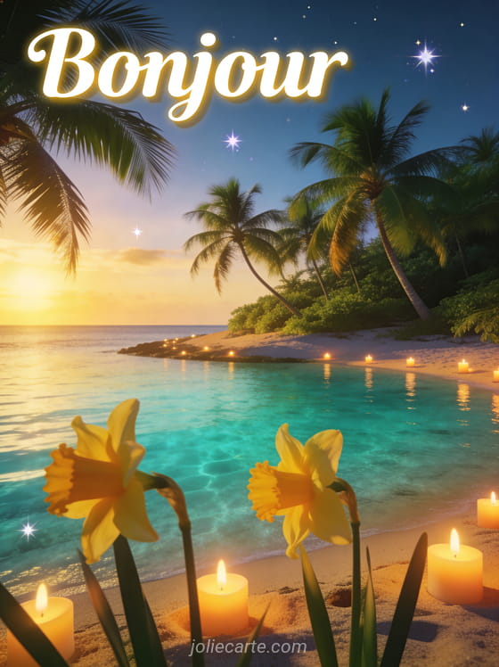 Île tropicale avec palmiers et lagon turquoise, jonquilles jaunes au premier plan et ciel étoilé avec le texte Bonjour