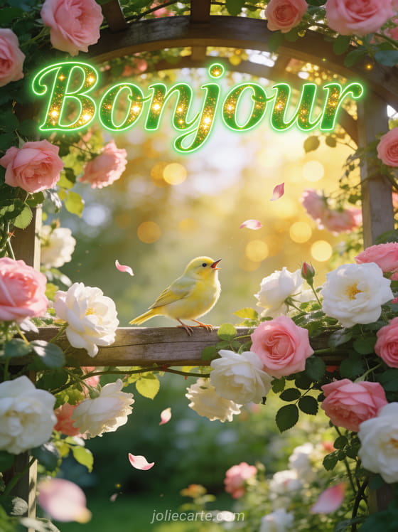 Pergola couverte de rosiers grimpants roses et blancs avec un canari jaune perché, lumière du matin radieuse et le texte Bonjour