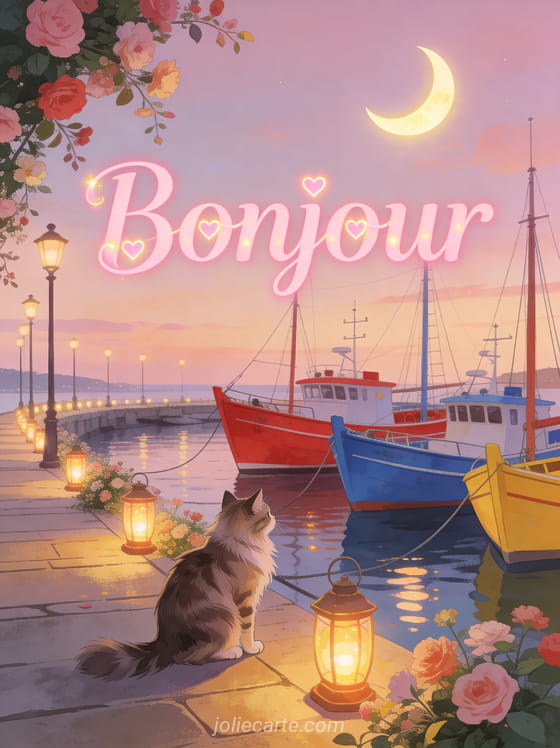 Quai fleuri avec bateaux de pêche colorés amarrés, chat sibérien assis sur le quai, croissant de lune et lanternes allumées avec le texte Bonjour