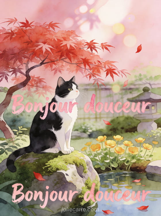 Chat tuxedo noir et blanc assis sur un rocher moussu dans un jardin japonais avec érable rouge et boutons d'or dorés