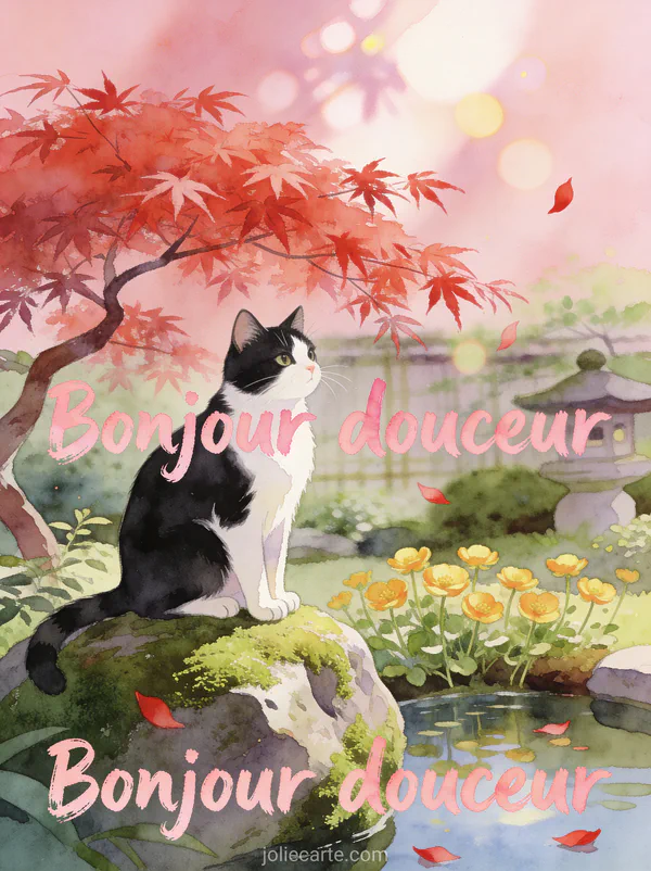 Chat tuxedo noir et blanc assis sur un rocher moussu dans un jardin japonais avec érable rouge et boutons d'or dorés