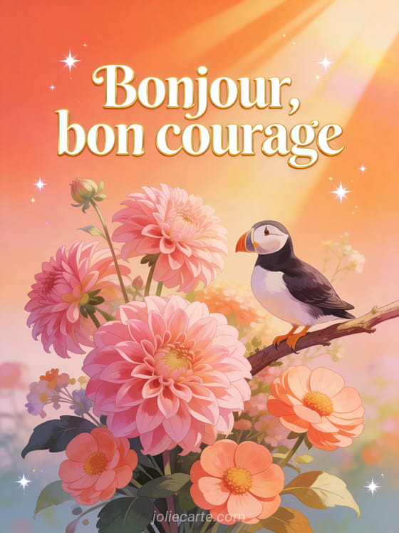 Macareux moine perché sur une branche parmi des dahlias roses et renoncules pêche avec le texte Bonjour bon courage