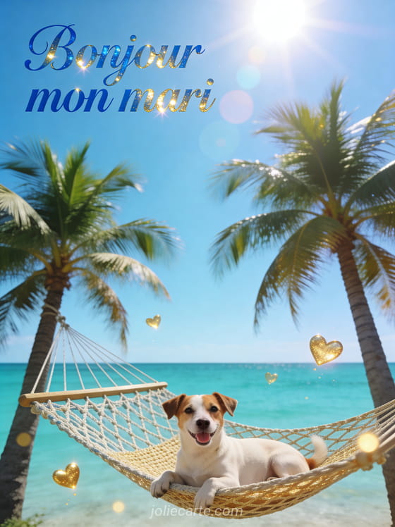 Hamac tissé entre deux palmiers face à une mer turquoise, jack russell terrier joyeux couché dans le hamac avec cœurs dorés et le texte Bonjour mon mari