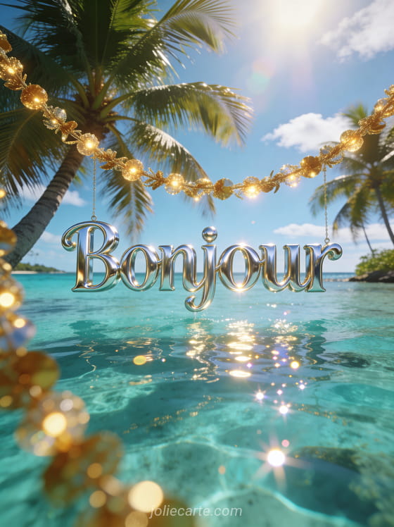 Lagune polynésienne turquoise avec palmiers et guirlandes lumineuses dorées sous un ciel radieux avec le texte Bonjour